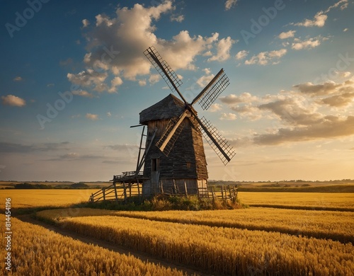 Enjoy the rustic charm of a countryside windmill standing tall against a backdrop of golden fields.