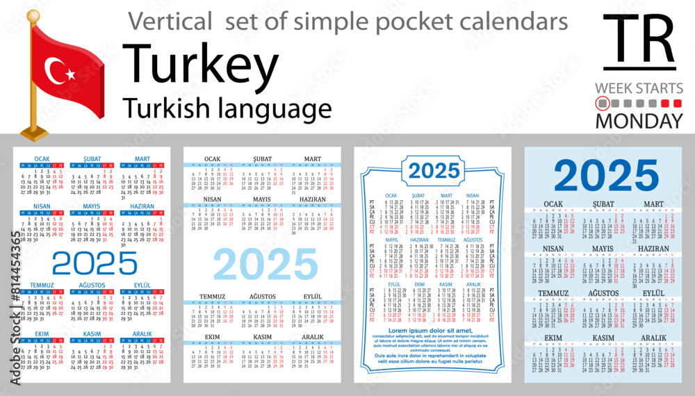 Turkish vertical set of pocket calendar for 2025. Week starts Monday