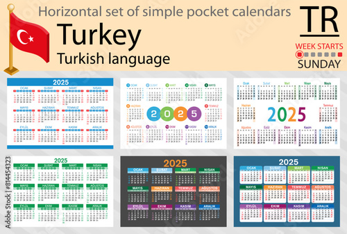 Turkish horizontal set of pocket calendar for 2025. Week starts Sunday