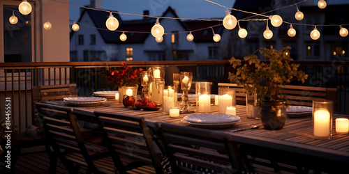 A deck with a view of the night sky and lanterns 