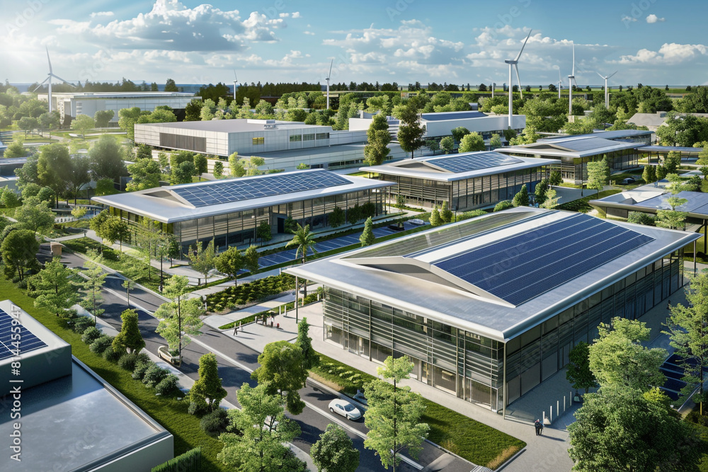 A contemporary, ecofriendly university campus featuring advanced solar panels and wind turbines, showcasing commitment to sustainable energy and reducing carbon footprint A contemporary, ecofriendly university campus featuring advanced solar panels and wind turbines, showcasing commitment to sustainable energy and reducing carbon footprint