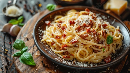 A plate of Spaghetti Carbonara on a wooden table with sprinkled parmesan cheese and fresh basil leaves