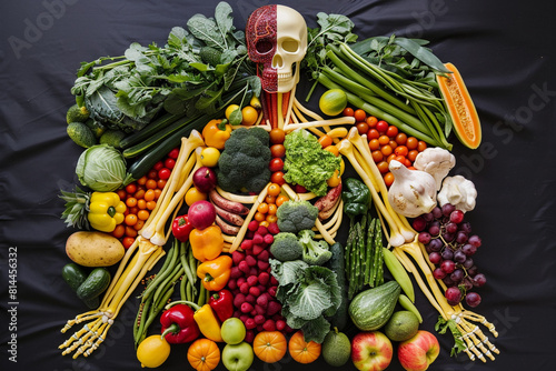 A creative display of colorful fruits and vegetables arranged to resemble the human anatomy  symbolizing the concept of healthy eating and its impact on our bodys health 