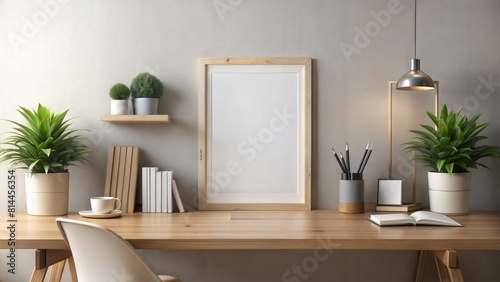 Neutral Office Desk Frame Mockup  A frame mockup placed on a neutral-toned office desk  offering a simple and professional presentation option for displaying images in a workspace setting.  