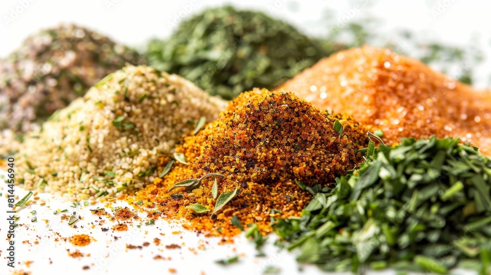 Detailed close-up of assorted burger seasonings, such as thyme, celery salt, and curry powder, perfectly isolated for advertising Detailed close-up of assorted burger seasonings, such as thyme, celery salt, and curry powder, perfectly isolated for advertising