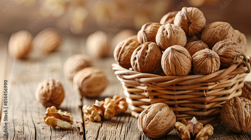 Basket of walnuts on wooden rustic background Basket of walnuts on wooden rustic background