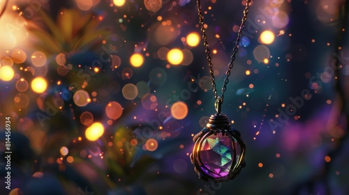 Artistic rendering of a colored stone pendant on a neck, with a backdrop of glowing, fairylike lights, setting a whimsical and enchanted mood