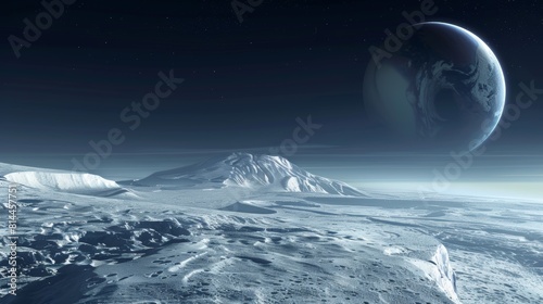 A detailed view of Pluto, highlighting its icy mountains and frozen plains, with a faint, distant Sun casting a weak light. Created Using: Detailed planetary view, icy mountains, frozen plains, photo