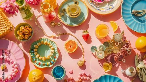 A vibrant display of daily interchangeable jewelry pieces laid out on a bright morning breakfast table, symbolizing a fresh start with new accessories photo