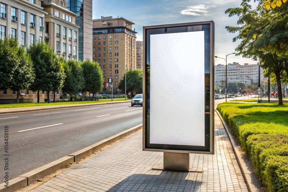 A blank billboard advertising mockup on a busy city street A blank billboard advertising mockup on a busy city street