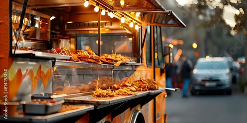 Emphasizing the food truck at an urban festival. Concept Food Truck Festival  Urban Setting  Street Food  Culinary Delights  Festive Atmosphere