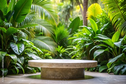 Empty stone podium in tropical garden background can be used for mocking up or display product to make advertising