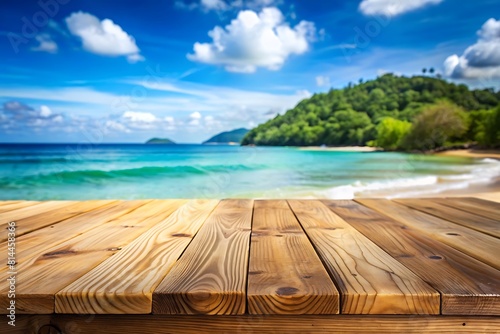 Wooden top with blurred empty beach background can be used for mocking up or display product to make advertising