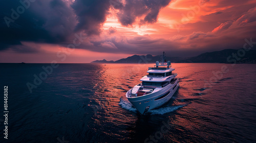 Luxury yacht at sunset on the open sea
