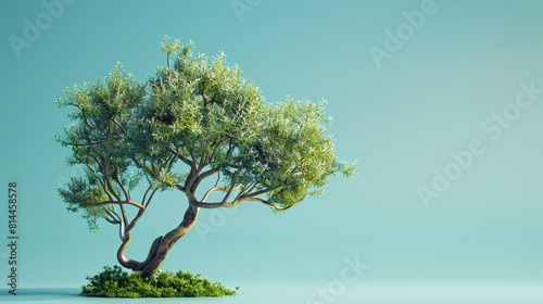 Illustrate a whimsical world at a worms-eye view, where a thyme plant stands as a majestic tree with miniature features, rendered in detailed CG 3D