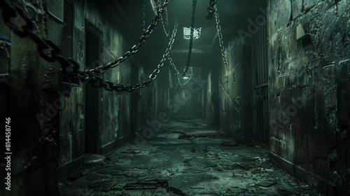 A terrifying nighttime view of a decrepit corridor in an abandoned factory  with chains hanging from the ceiling and a sense of imminent danger.