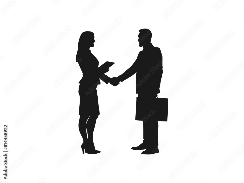 Businessman and businesswoman shaking hands silhouettes. Agreement, trust, cooperation concept. business people handshake illustration. Silhouettes of Business team with white background. 