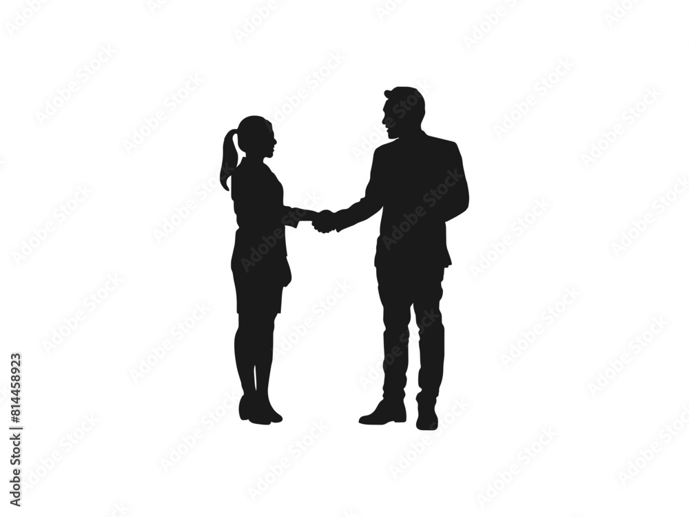 Businessman and businesswoman shaking hands silhouettes. A business meeting of the man and woman. Business and finance concept vector. Business man and woman shaking hands after a deal. 