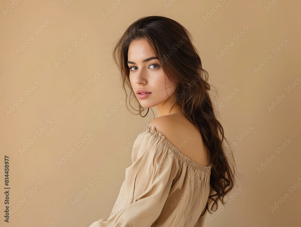Fototapeta premium A beautiful woman in a beige dress.