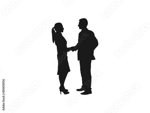 Businessman and businesswoman shaking hands silhouettes. A business meeting of the man and woman. Business and finance concept vector. Business man and woman shaking hands after a deal. 