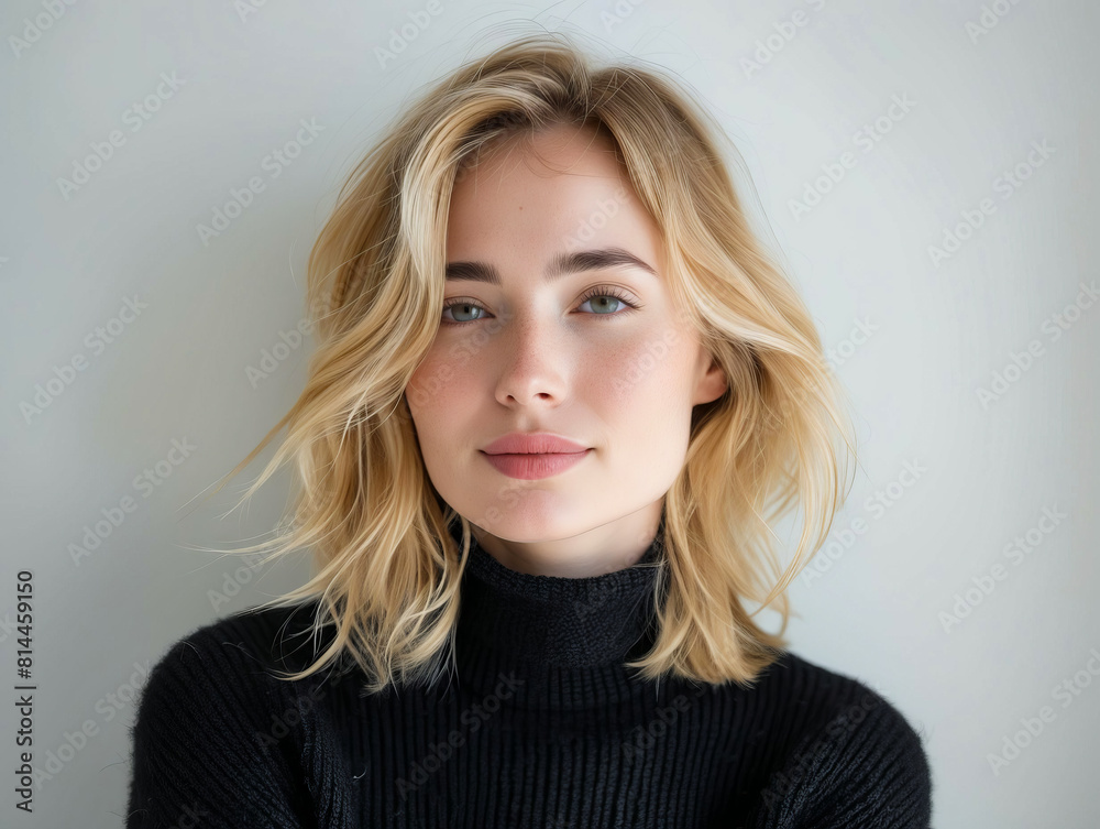 A woman with blonde hair wearing a black turtleneck sweater. A woman with blonde hair wearing a black turtleneck sweater.