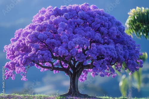 Jacaranda Tree in Full Bloom  Purple flowers covering the branches. 