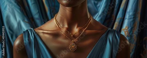 A models neck adorned with a gold necklace featuring a traditional pendant, against a backdrop of regal satin curtains, conveying opulence