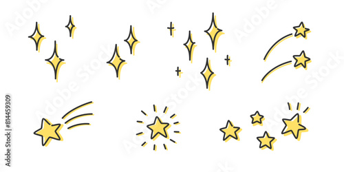 キラキラ・星の手描きイラスト 手書き・落書き風あしらい飾りアイコンセット アウトライン前・線幅の編集可能