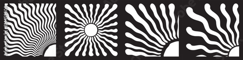 Groovy retro abstract sun backgrounds. Organic doodle shapes in trendy naive hippie 60s 70s style.  Square wavy vector illustration in white colors.Contemporary poster print banner template. eps 10