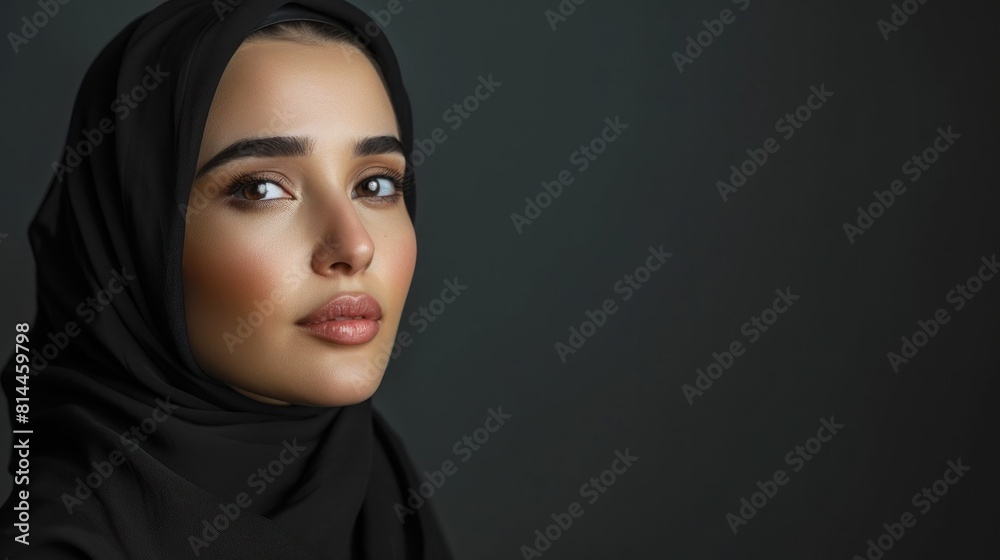 Closeup portrait of beautiful young muslim woman in black hijab Closeup portrait of beautiful young muslim woman in black hijab