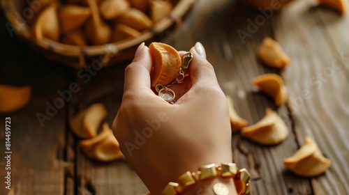 A hand clasping a bracelet that carries a fortune charm