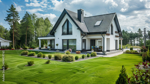 White luxurious house with a green lawn in front of the house