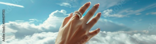 A finger showcasing a modular ring, with interchangeable pieces, captured against a backdrop of open skies to symbolize freedom and personalization in design