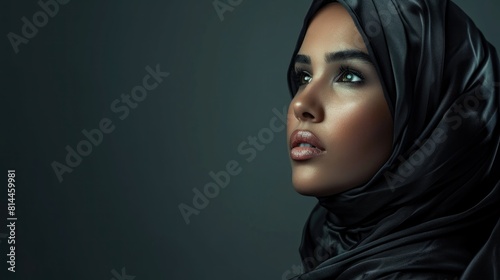 Portrait of beautiful muslim woman in black hijab looking at camera.