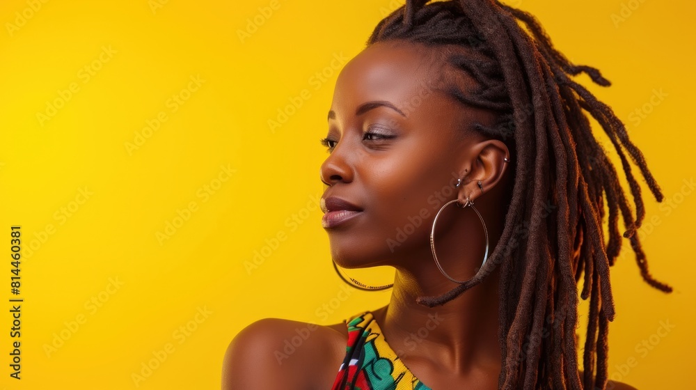 Beautiful african american woman with dreadlocks hairstyle on yellow background.