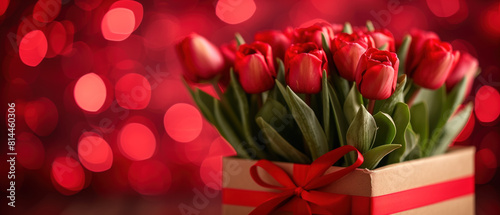 Bouquet of red tulips in a gift box with red ribbon.