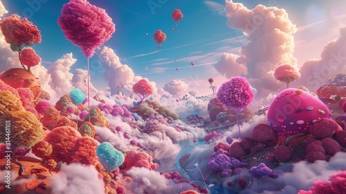 Surreal landscape of colorful  fantastical trees and floating islands with a dreamy  candy-like aesthetic.