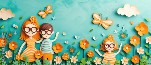 Cartoon family in a flower field with butterflies. photo