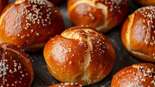 Close-up top view of pretzel buns, perfect for making burgers, focusing on their chewy texture and salt-dusted tops, isolated for clarity