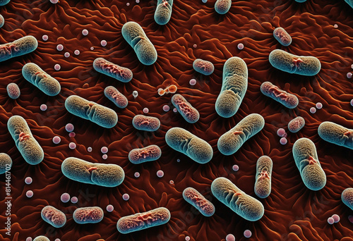 3D rendering of bacteria under microscope, showing detailed texture and structure, scientific concept