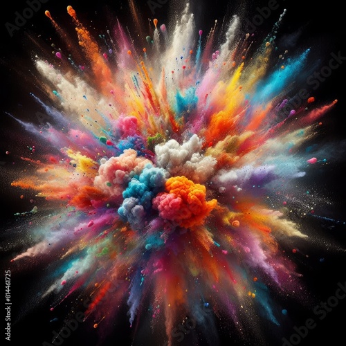 Explosion of color paint, burst of multicolored powder or watercolor, abstract colorful background. Pattern of bright festive splash like in Holi festival