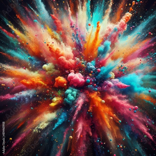 Explosion of color paint, burst of multicolored powder or watercolor, abstract colorful background. Pattern of bright festive splash like in Holi festival