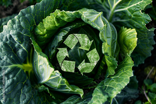 A fresh, green cabbage adorned with a bright recycle symbol, representing sustainable farming, eco-friendly agriculture practices, and the importance of recycling in nature conservation 