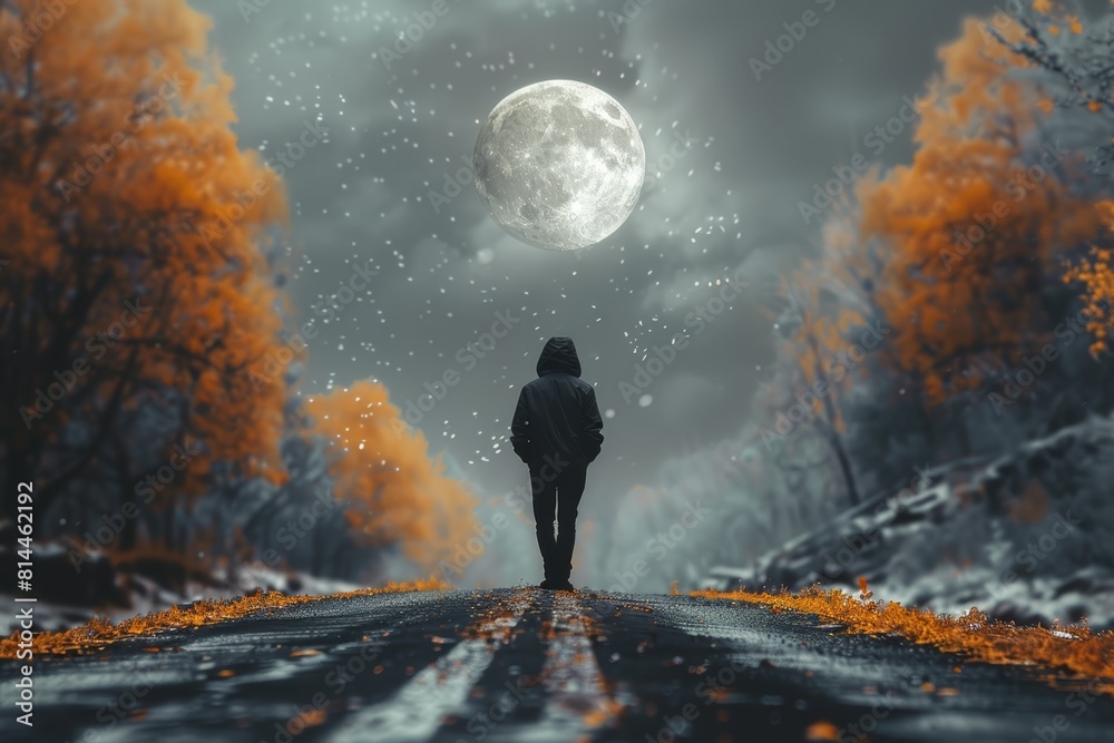 surreal fantasy photography of a man walking towards the moon on a road, daytime, pastel colors
