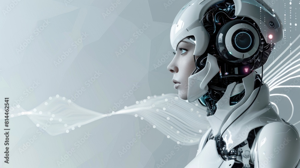 Obraz premium sophisticated female robot with polygonal abstract background and wave lines. perfect future robot
