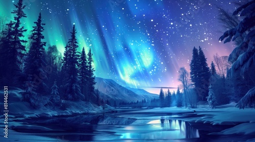 Enchanting Winter Night Under the Magical Northern Lights Over a Snowy Landscape, Generative AI