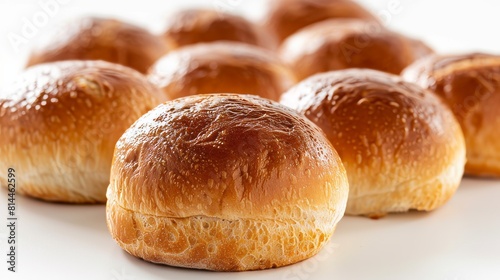 Close-up shot of potato buns, showcasing their fluffy, tender texture and subtle potato flavor, perfect for burger ads, isolated background