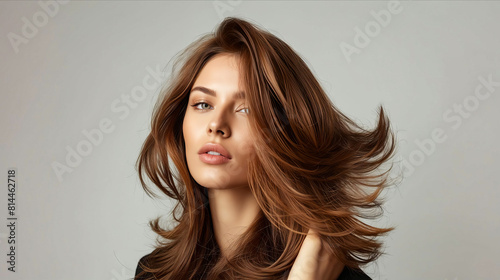 A woman with long brown hair posing for a photo. photo