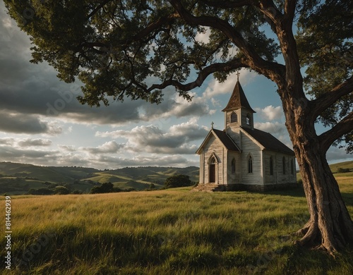 Marvel at the charm of a countryside chapel nestled among rolling hills and ancient trees.