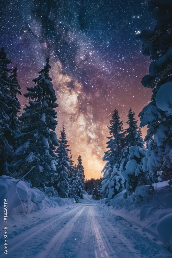Magical Winter Night: Snowy Path Under a Starry Sky Illuminated by the Milky Way, Generative AI